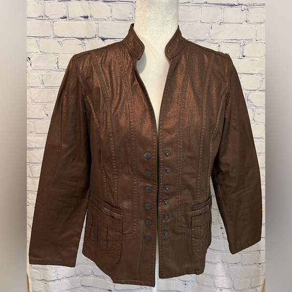 Coldwater Creek Brown Bronze Metallic Button Snap Front Jacket Shimmer 8P - Picture 1 of 9